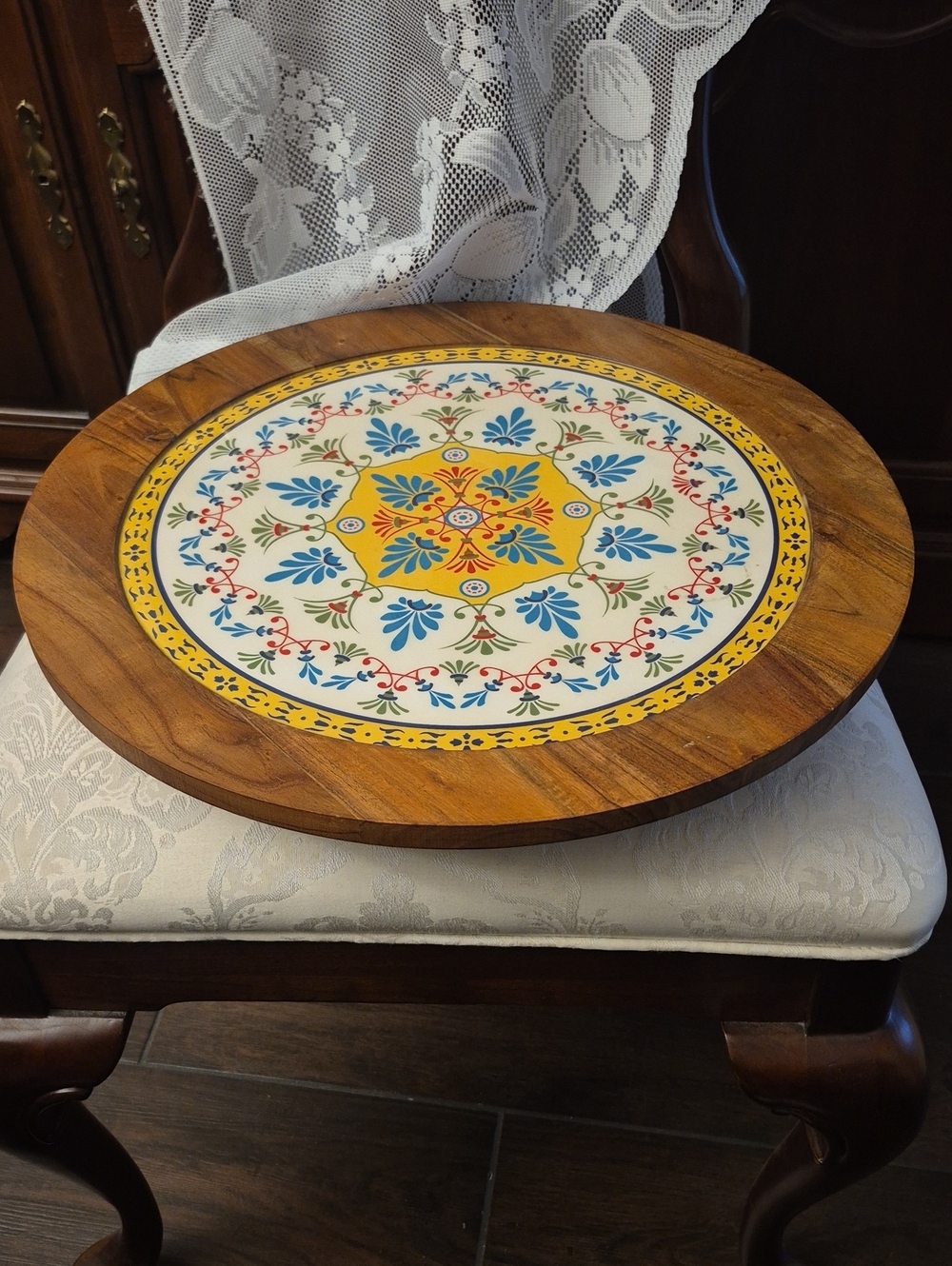 Decorative Wooden Serving Tray with Yellow Floral Inlay 18 Inches Wide